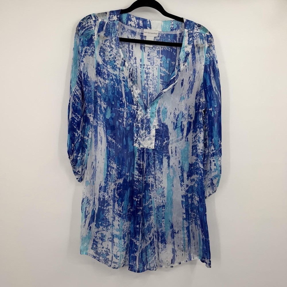 Soft Surroundings Tunic Womens Medium Blue Long Sleeve Silk Chiffon Beaded